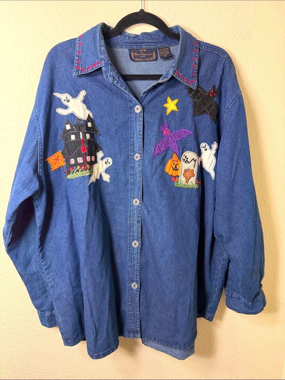 VTG 90s New Direction Halloween Denim XL Embroidered Ghost Bat Haunted House